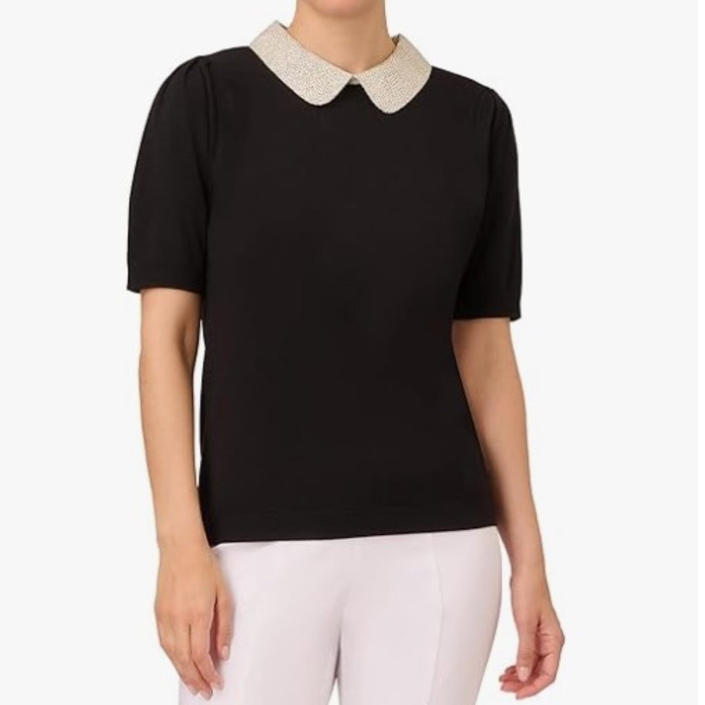 Adrianna Papell Small Twofer Collared Sweater Puff Short Sleeves Retro Vibe